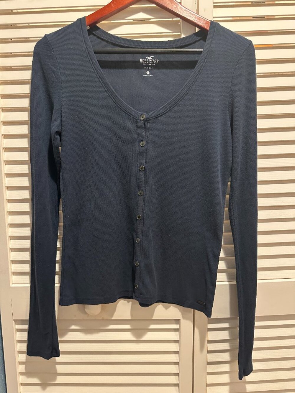 Hollister Navy Ribbed Henley Top L Slim Fit Long Sleeve Y2K 2000s Style